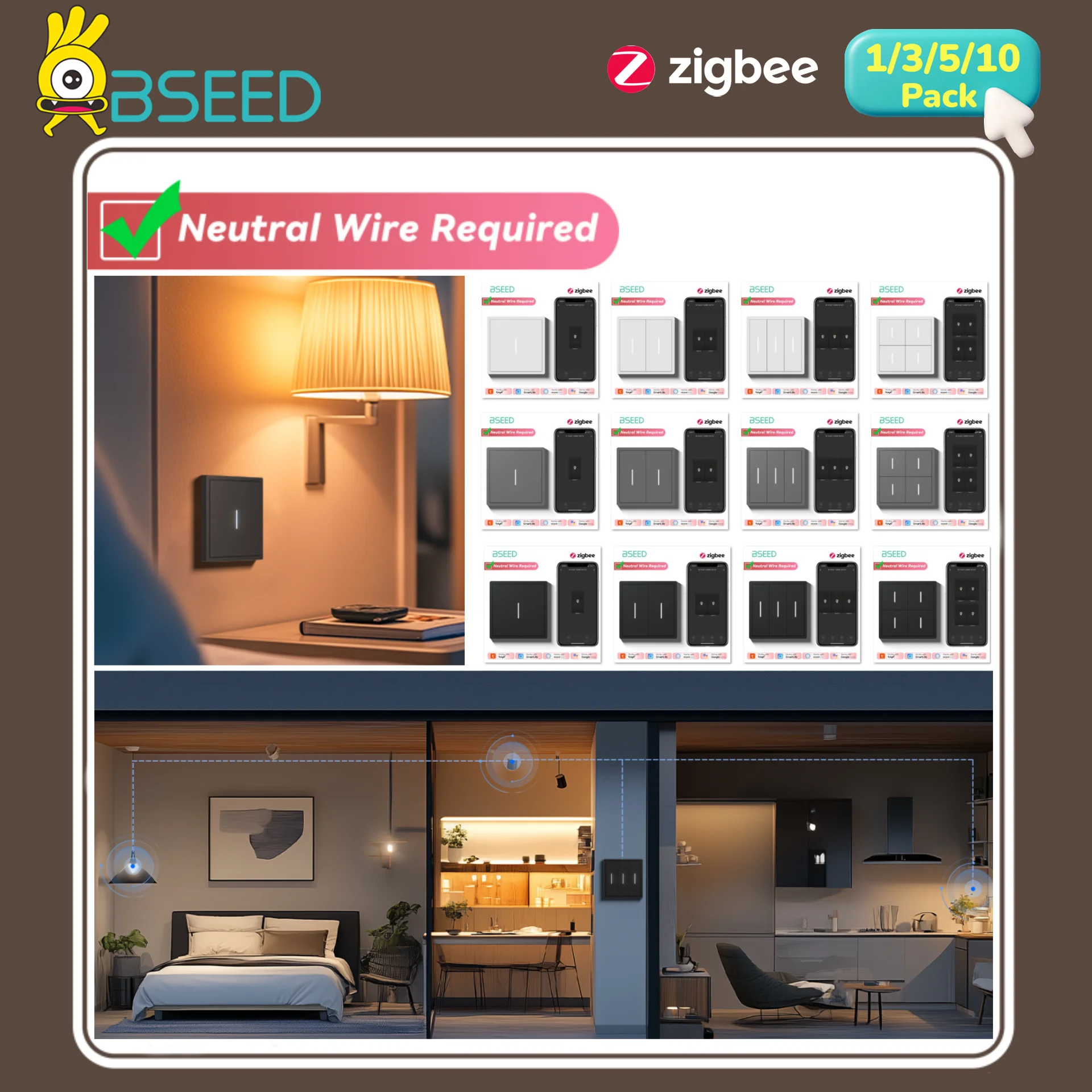 BSEED Zigbee Click Light Switches Smart Mechanical Large Button Switch 1/2/3/4Gang Zigbee Switches Wall Smart TUYA Multi-Control