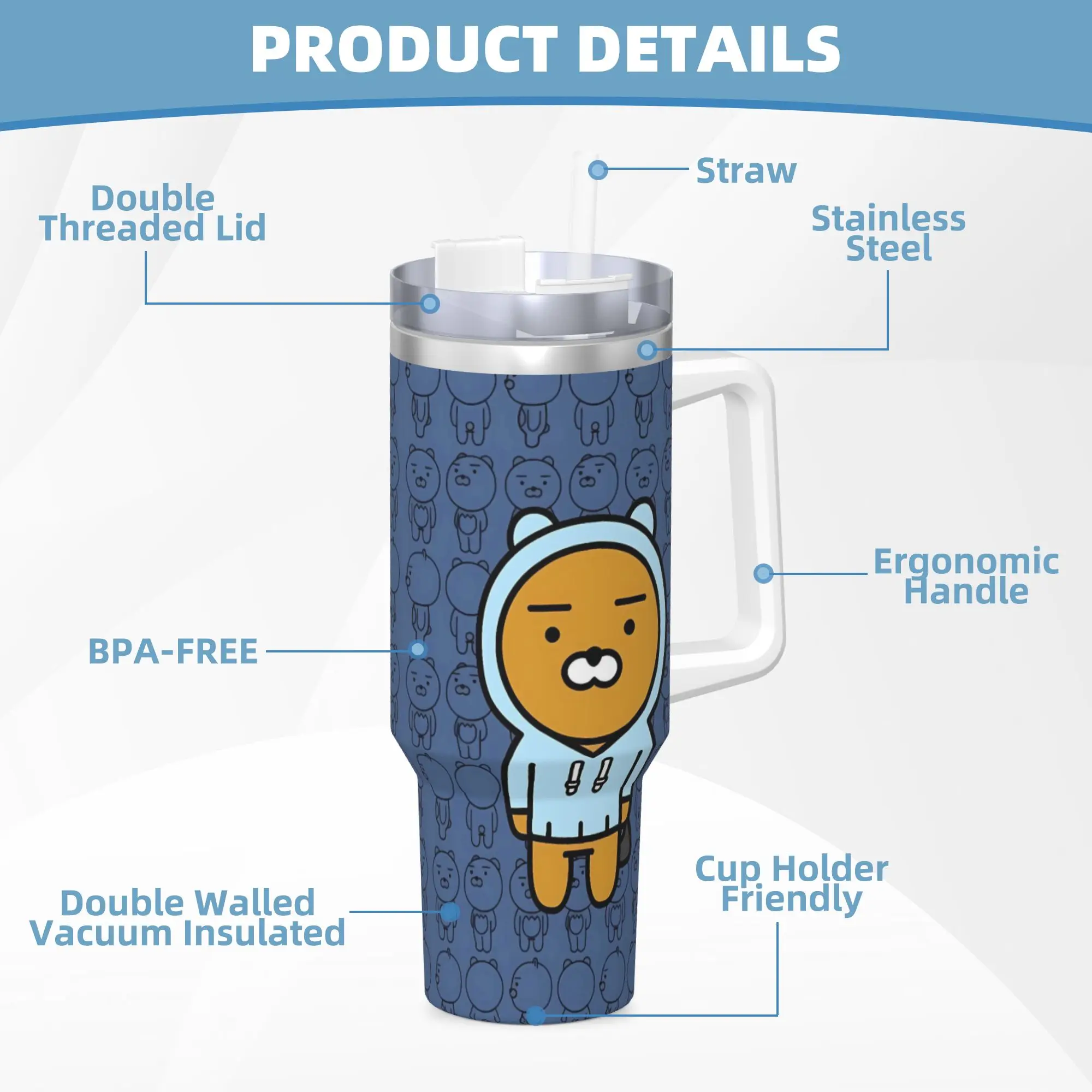 كوب حراري للتخييم من الفولاذ المقاوم للصدأ من K-Kakaos F-Friends مع شفاطات وغطاء زجاجة مياه باردة وساخنة بسعة كبيرة