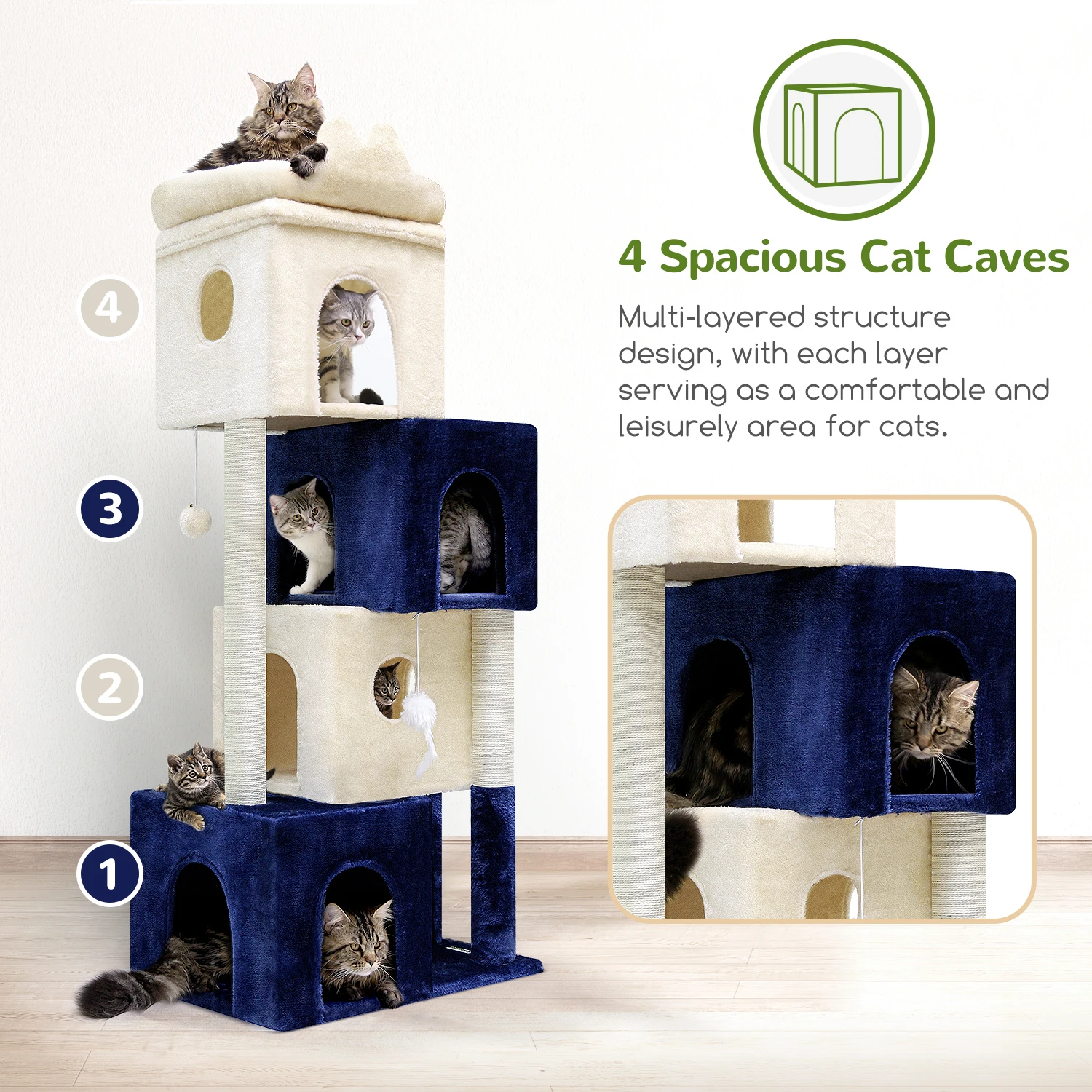 FC61 Cat Condos for Indoor Cats Large Adult Cat Tree 61-inch Cat Climbing Tower with 4 Cat Condos Cat Climbers for Indoor Cats