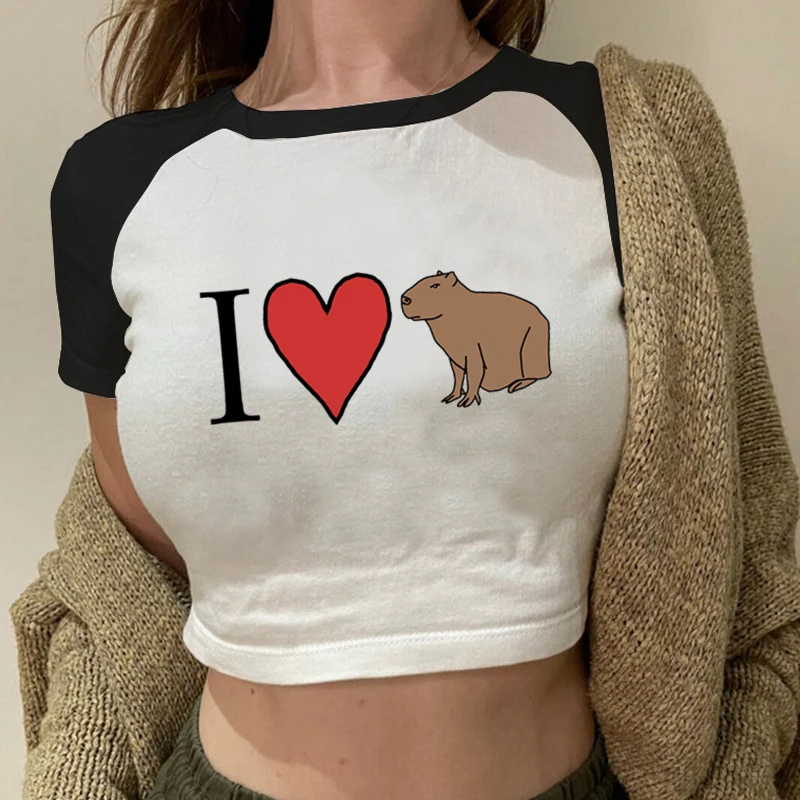 I Love Capybaras T Shirt Vintage Streetwear Capybara Graphic Print Crop Tops Summer Fashion O-Neck Casual Women's Y2K Baby Tees