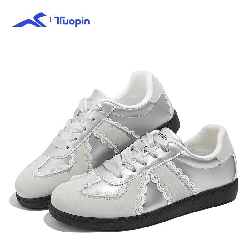 

TuoPin Retro German Training Shoes Ballet-Style Comfortable Women's Shoes Low-top Sneakers Silver Women's Casual Shoes
