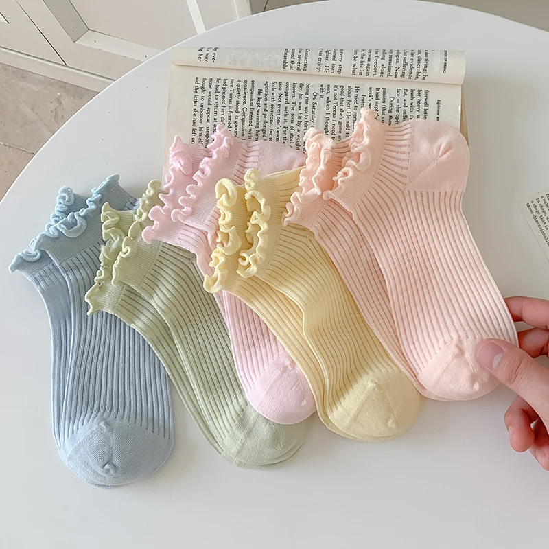 Socks For Women Summer New Plain Casual Daily Sweet Ruffle Socks Thin Breathable Hollow Out Fashion Frilly Female Short Socks