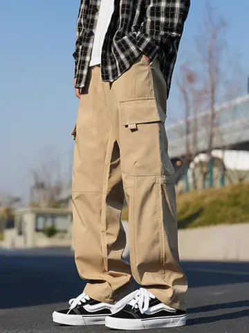 Calça masculina clássica de perna reta, perna larga, diária, folgada, casual, moda versátil, cáqui, marrom, cargo