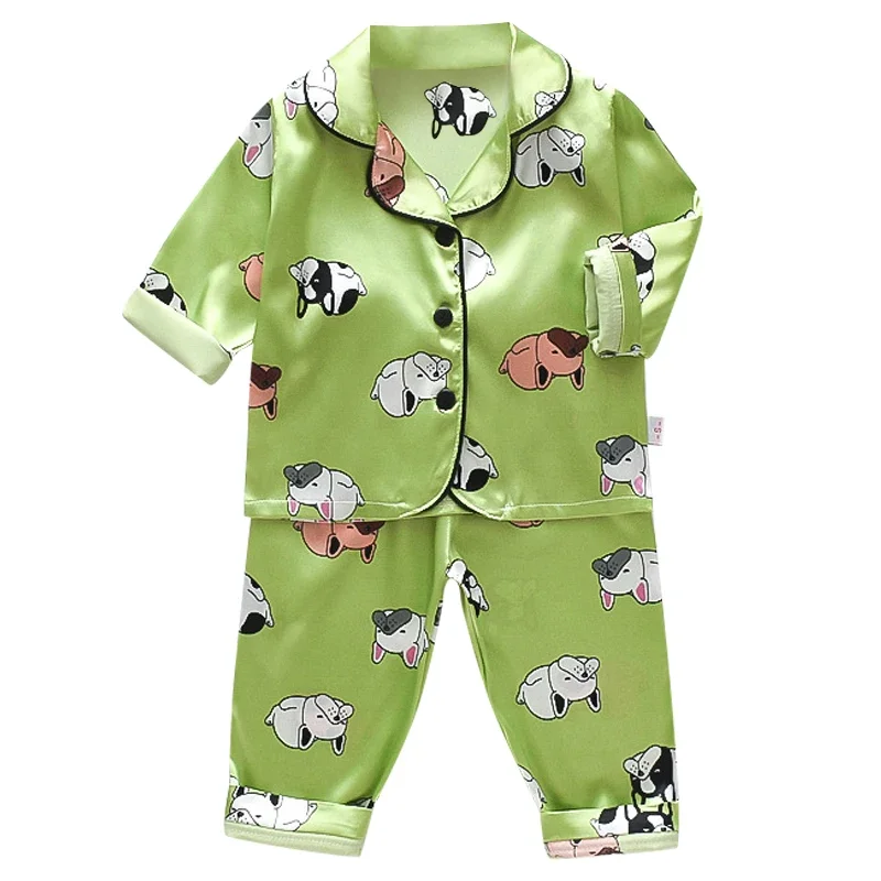 Boys and girls\' 0-4-year-old Pajama suit new spring and autumn silk long sleeve trousers Pajama suit comfortable home clothes