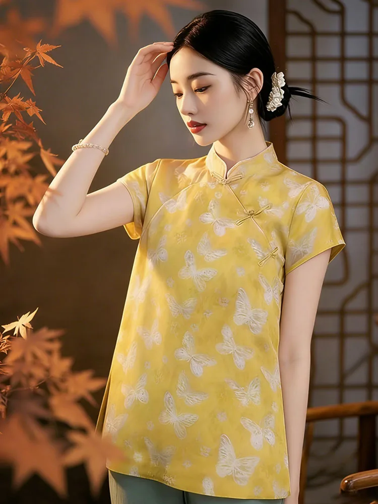 

Summer 2026 New Chinese Style Loose Slimming Versatile Retro Embroidered Stand Collar Side Buttoned National Style Top Women