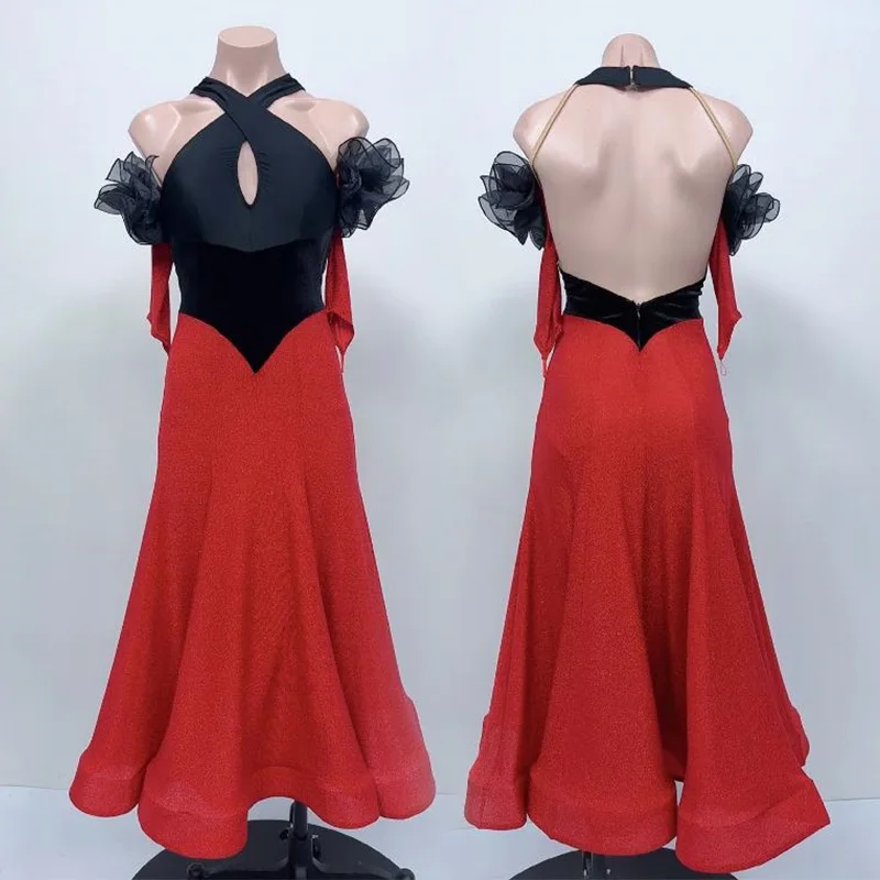 

Red Black Ballroom Dress Women Modern Standard Dance Clothing Halter Backless Dance Dresses Waltz Performance Stage Outfit 2549