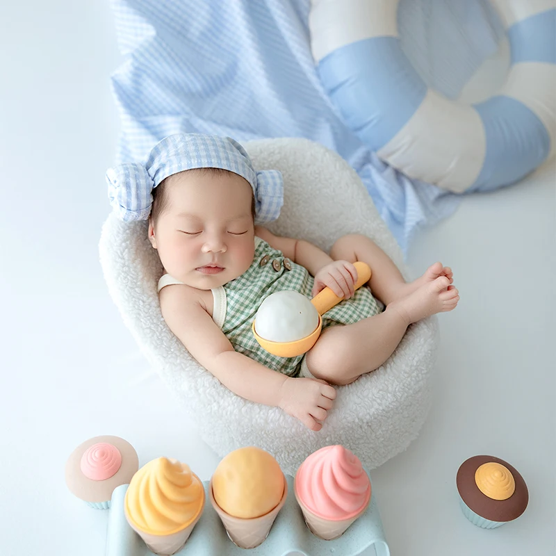 Summer Baby Photography Clothing Color Matching Swimming Ring Ice Cream Newborn Photo Props Baby Clothing + Hat Headscarf Set