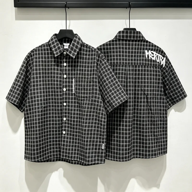 Plaid Stripe MERTRA Pockets Shirt Summer Casual Clothes Men Women High Quality Loose Office Commuter Short Sleeve Shirt Blouse