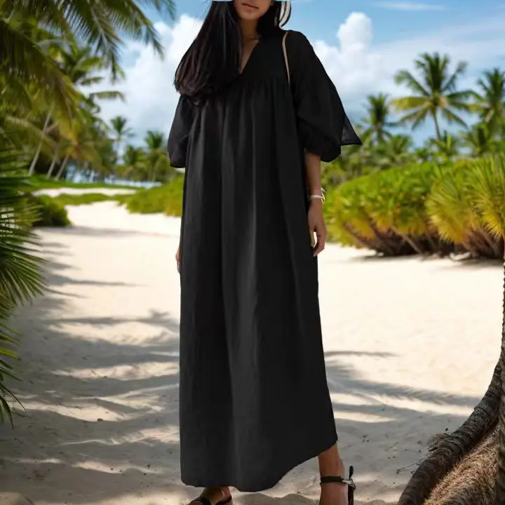 Robes de mode musulmane nouveau moyen-orient dubaï musulman couleur unie ample col en v manches bouffantes décontracté coton Polyester robe