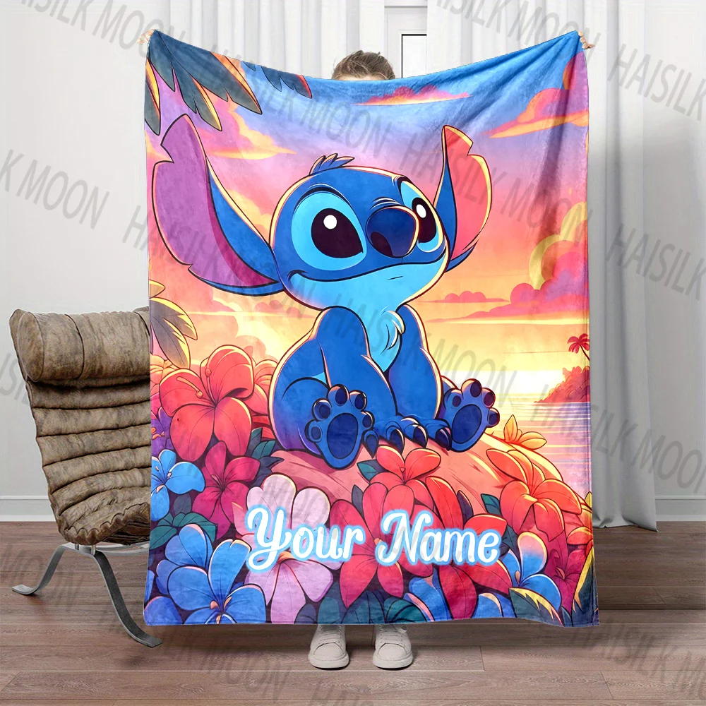 (Memo U Name)Customized Name Cute Disney Stitch Printed Blanket All Seasons Multi-purpose Blanket Suitable for Sofa Travel Bed