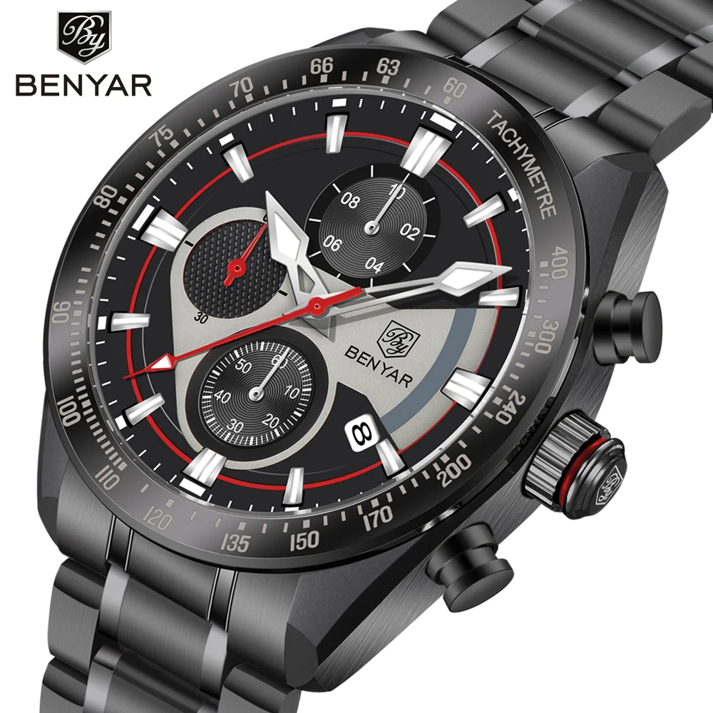 2023 BENYAR New Men Quartz Wristwatch Stainless Steel High-end Chronograph Watch for Men Leisure Time Sports Waterproof Clock