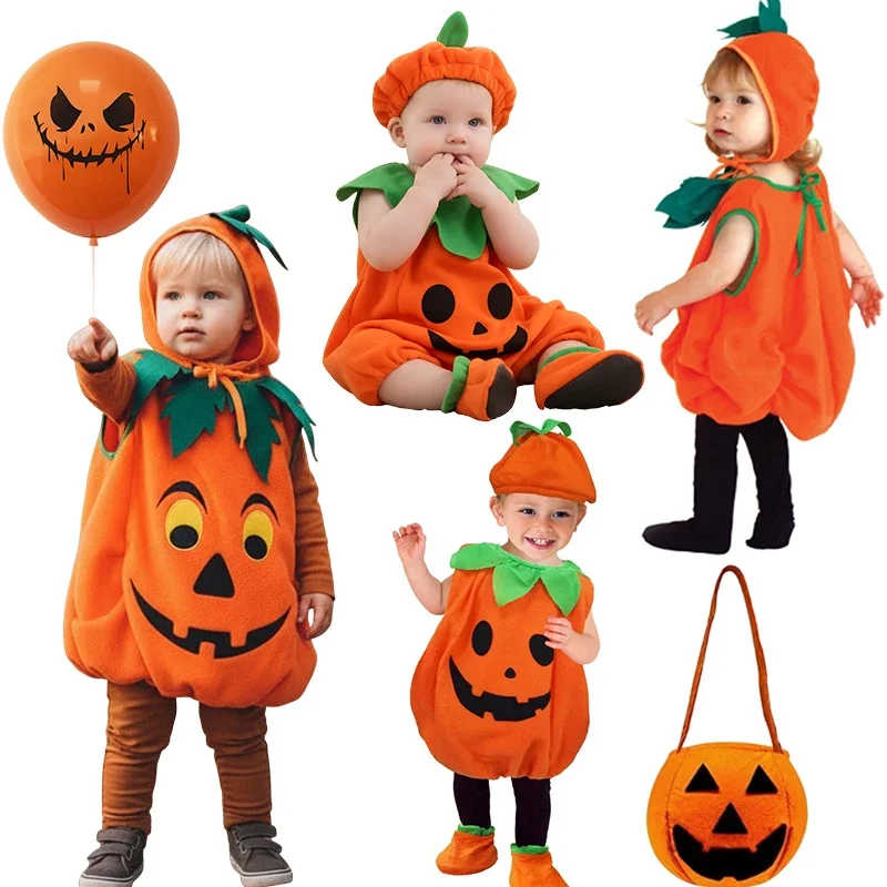 Kids Halloween Hooded Pumpkin Costume Toddler Role Play Smile Face Outfit Cute Party Funny Performance Set