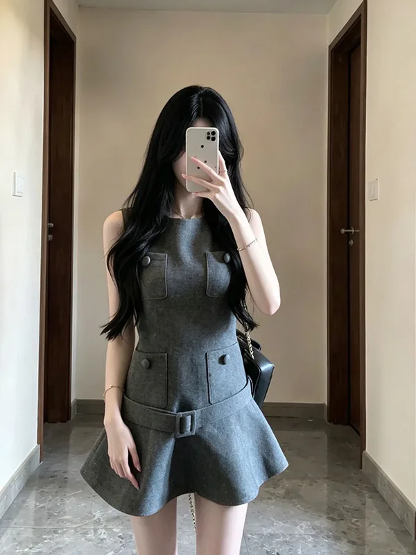 Hebe Summer Dream Ins Style Ageless Girl Sensation Waist-Cinching Slimming Sleeveless Dress Short Skirt Commute Style round Neck