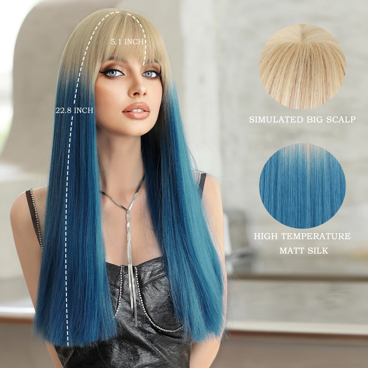 7JHH WIGS Long Straight Ombre Blue Blonde Wig for Women Daily Party Synthetic Soft Wigs with Bangs All Year Wear