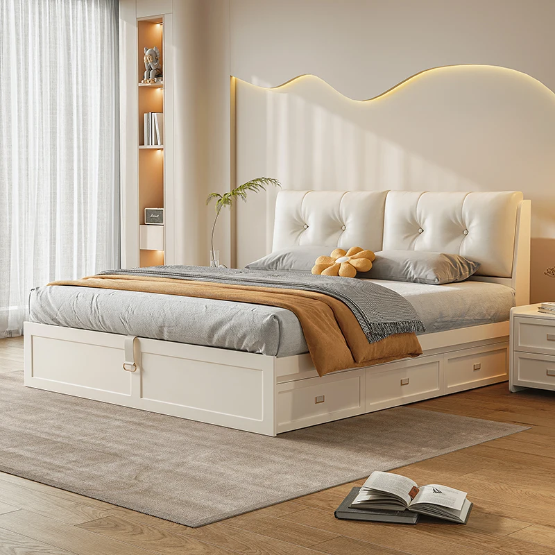 Cabecero de Cama color crema, Cama doble cómoda y suave a la moda para dormitorio principal, marco de boda de estilo italiano, Cama Casal, muebles para el hogar