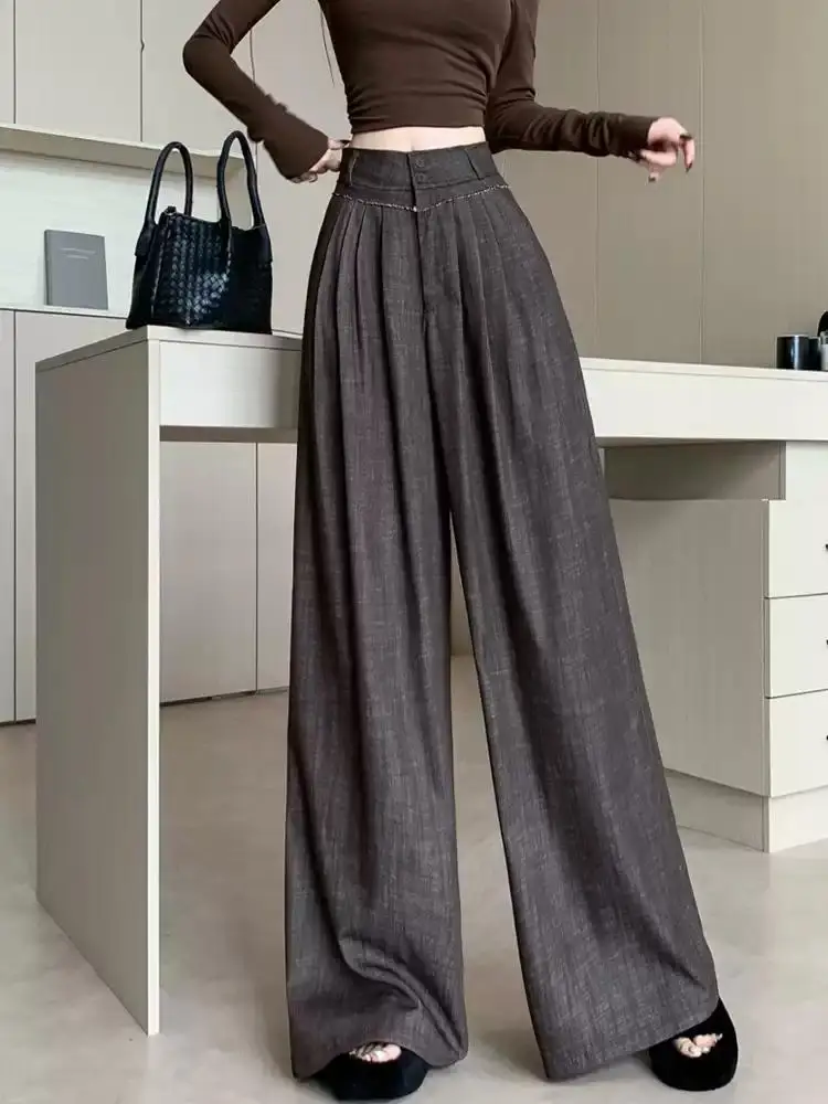 American style retro spicy girl design fringed edge splicing wide leg autumn new high waisted floor length suit pants