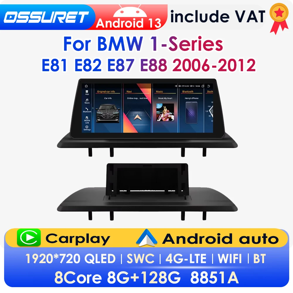 OSSURET 10,25 Zoll 2-DIN Android 13 Autoradio für BMW 1er-Serie E81 E82 E87 E88 2006-2012, Auto-Multimedia-GPS-Player, kabelloses Carplay, Android Auto, 4G, DSP, BT, Mirror Link, SWC, 360°-Kamera,