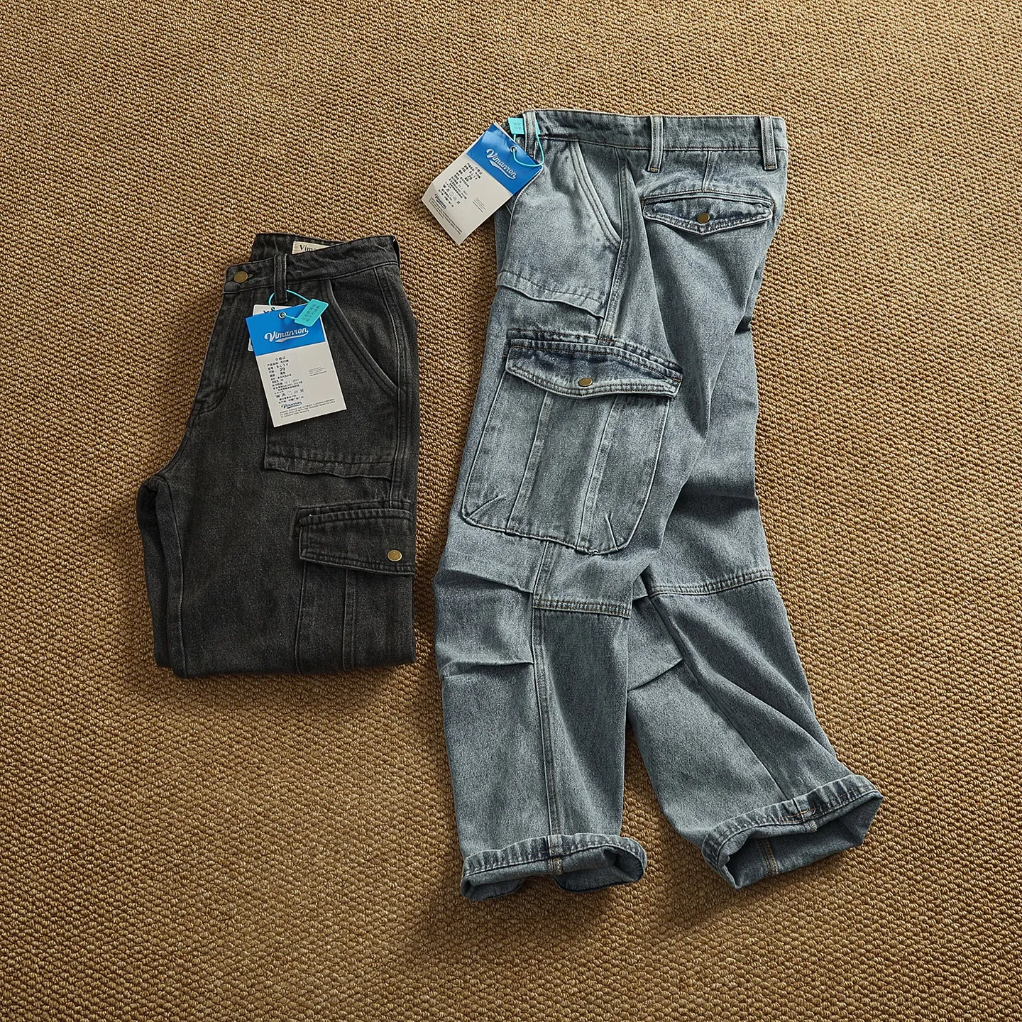 Spring New American Retro Heavyweight Multiple Pockets Comfort Jeans Men's Fashion 86% Cotton Washed Old Straight Casual Pants