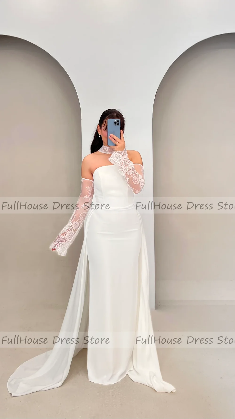 Nach Maß, bezauberndes U-Boot-Kragen, 3/4-Ärmel, Spitze, Hochzeitskleid, Etuikleid, sexy, rückenfrei, bodenlanges Abendkleid mit Schleppe