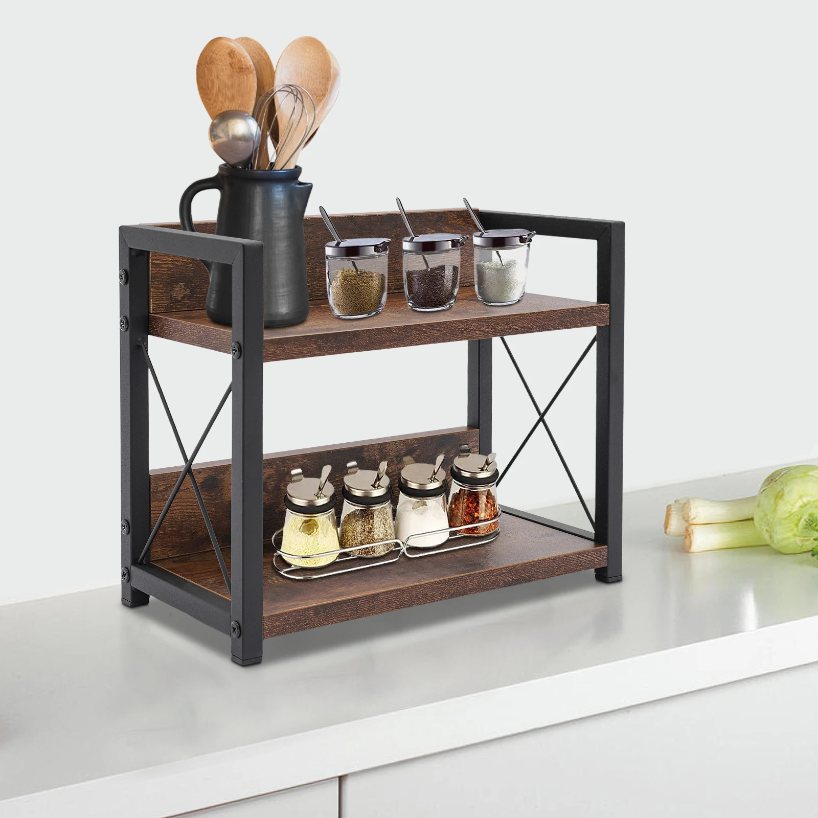 Mdf Brown Modern Two Story Kitchen Wooden Storage Rack Cooking Utensils Storage And Organization Rack