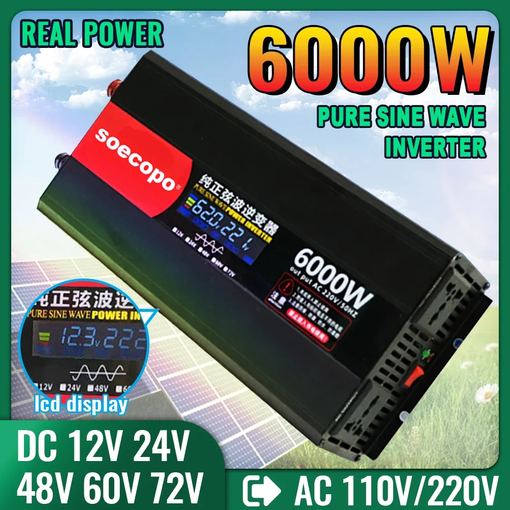 Pure Sine Wave Inverter 3000W4000W5000W6000W 12V24V 48V 60V 72V DC to AC LCD Display Dual Outlets for Home Camping Outdoor Use