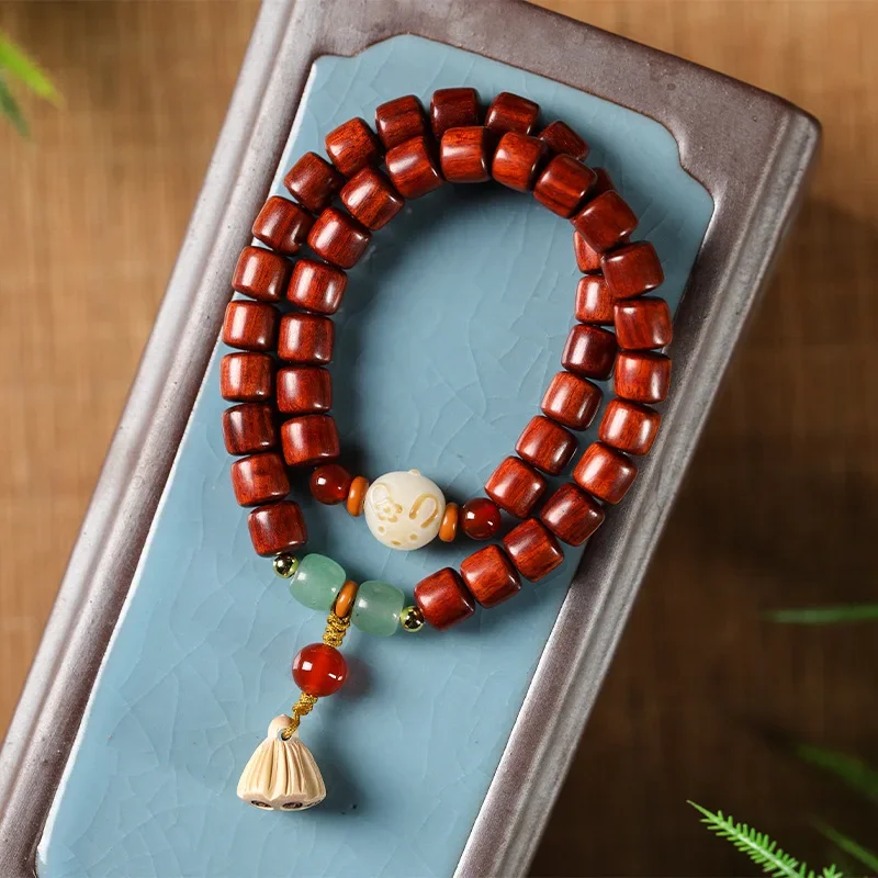 Small Leaf Red Sandalwood Bucket Bead Double Loop Bracelet Buddhist Prayer Holding Good Luck Peach Wood Lotus Crown Jewelry Gift