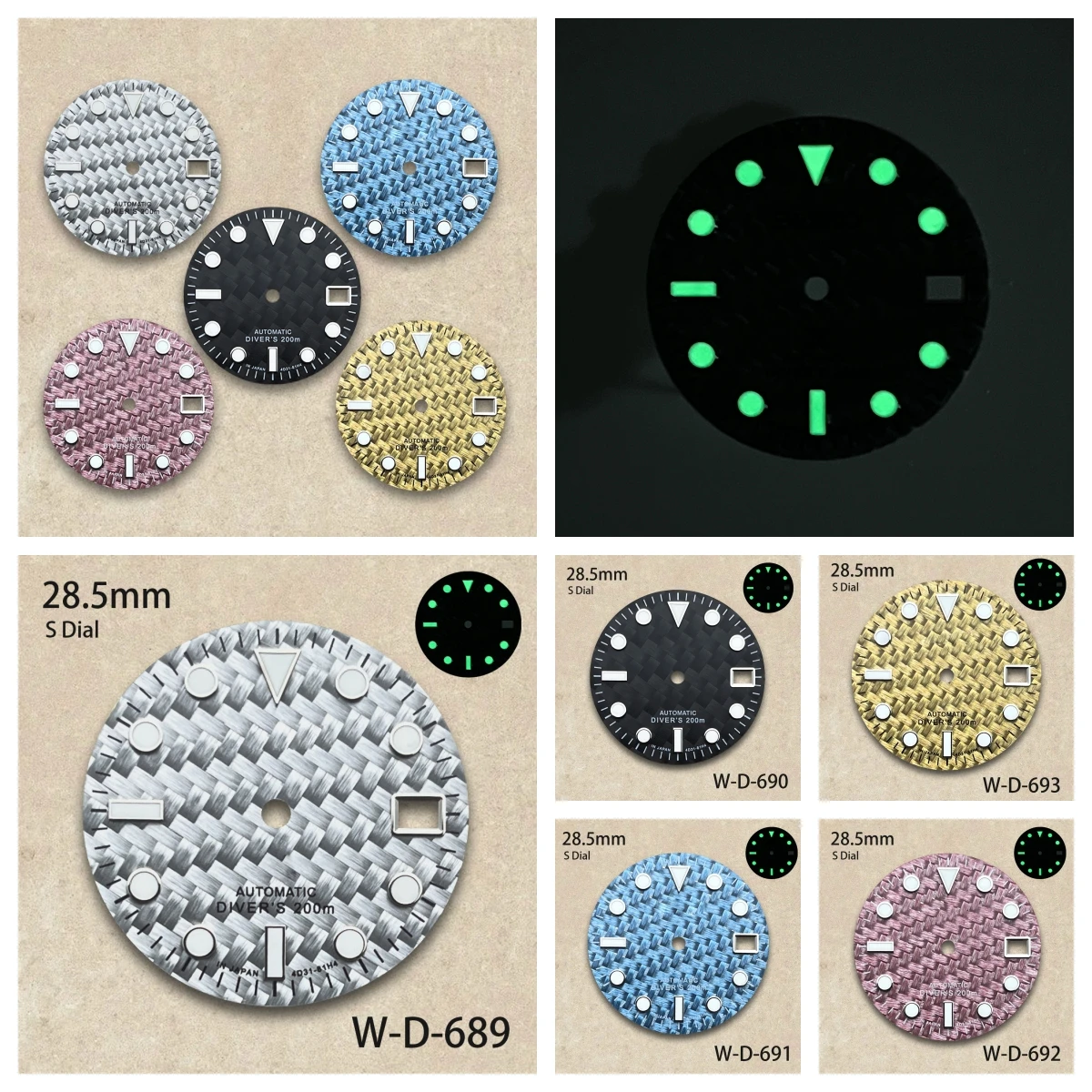 

28.5mm S Logo Carbon Fiber Dial Fit NH35/NH36/4R/7S Movement Green Luminous Diving High-Quality Watch Modification Accessories