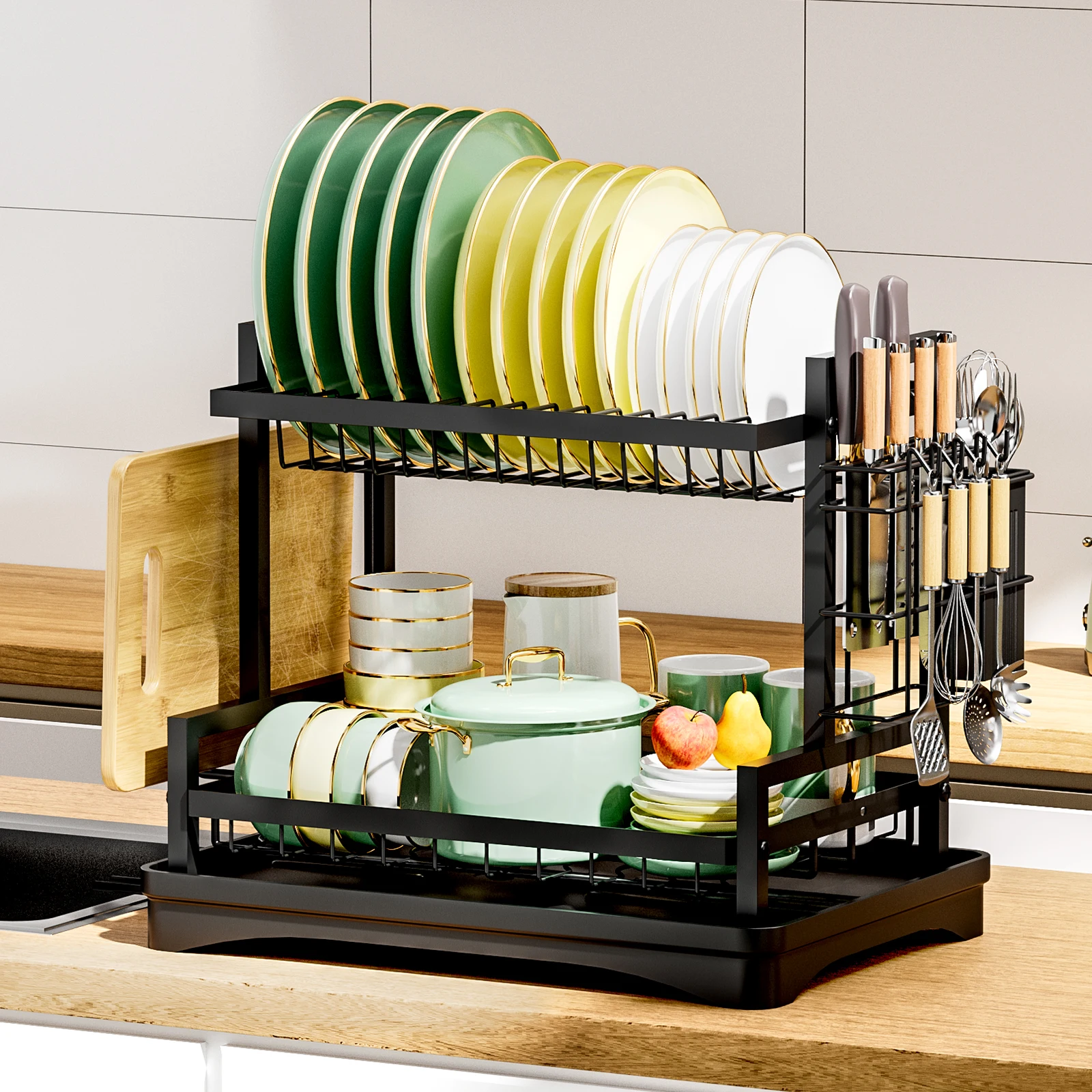 2-tier Dish Storage Rack with drained board Kitchen tablewares Multifunctional Organizer Black