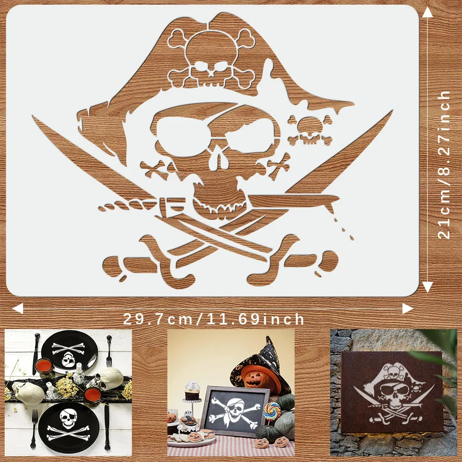 4 قطعة مجموعة استنسل جمجمة القراصنة مقاس A4 مقاس 11.69 × 8.27 بوصة قوالب قابلة لإعادة الاستخدام لديكور الهالوين، طاولة الحفلات، تغليف الهدايا، DIY W