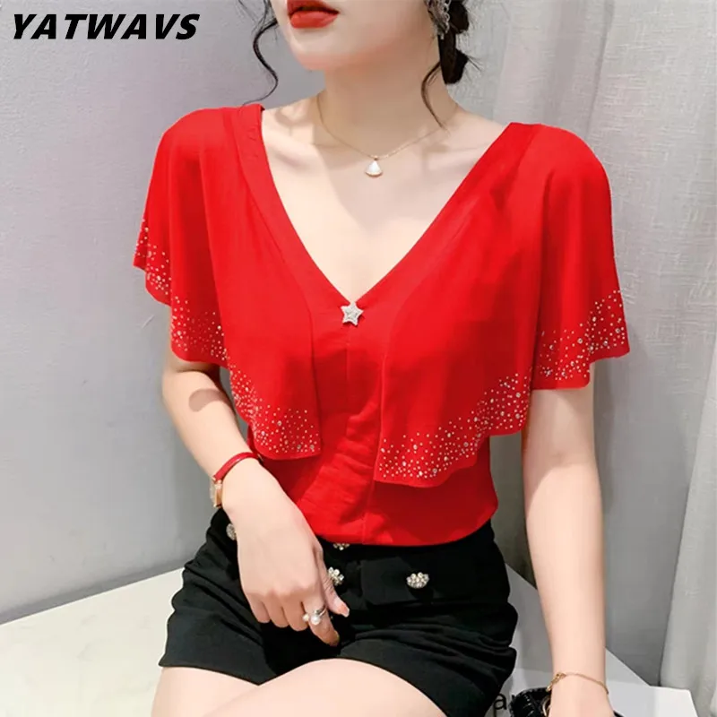 

New Arrivals Chic Butterfly Short Sleeved Women's T-Shirt Fashion Sexy V-Neck Ruffles Hot Diamond Tops Slim Casual Mesh Tees