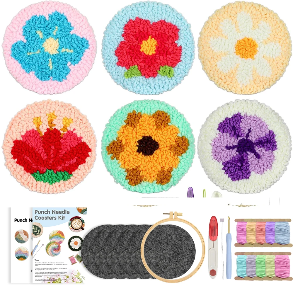 

Punch Needle Coaster Kit with Flower Pattern DIY Embroidery Kit for Beginner Easy Embroidery Art and Crafts Needle Coaster