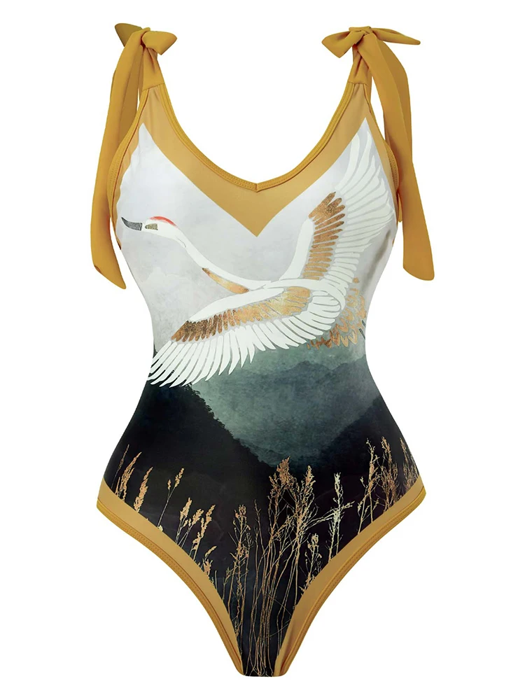 Riseado  One Piece Swimsuit with Skirt Sexy Swimwear Women Red-crowned Crane Printed Swimming Suit V-neck Beachwear