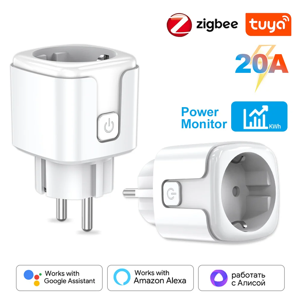 Tuya zigbee Smart Socket EU 20A Smart Plug With Power Monitor Timing Function Voice Control Work With Alexa Google Assistant