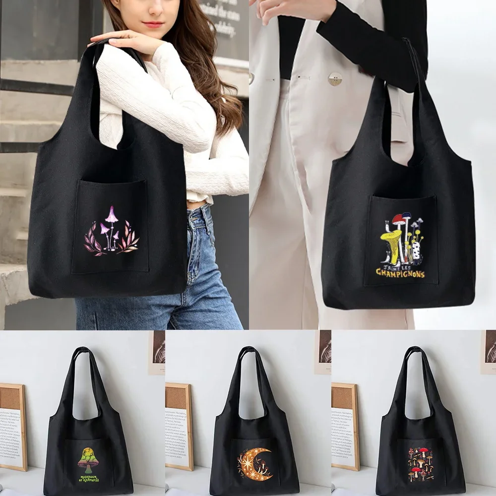 

Ladies Shopping Tote Bag Reusable Shopper Organizer Casual Canvas Large Capacity Foldable Mushroom Printed Shoulder Bag Handbag