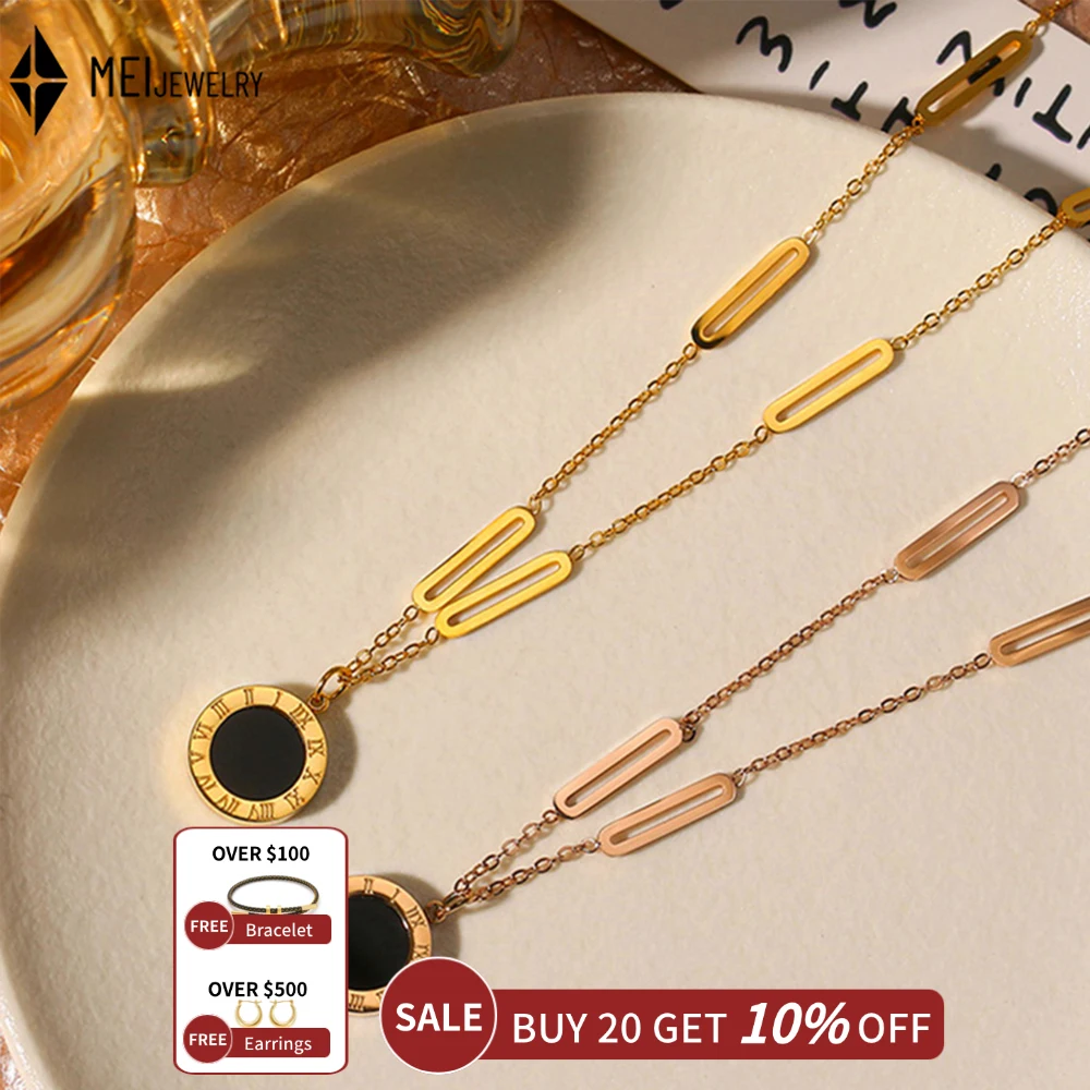 Stainless Steel Non Fading Accessory Women Black White Double-Sided Collarbone Chain Roman Round Number Pendant Necklace