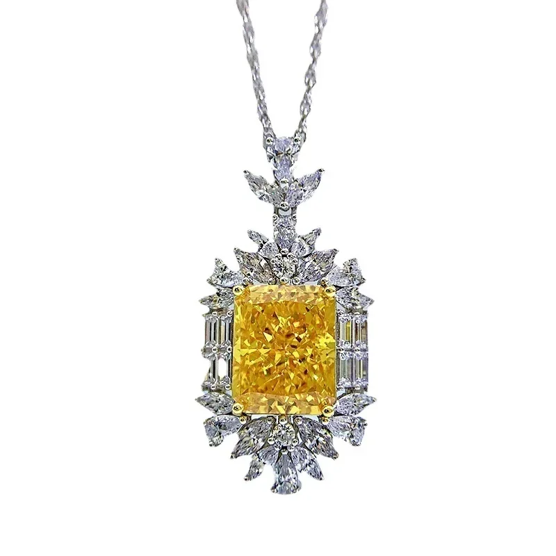 

Spring Qiaoer Luxury 925 Sterling Silver Citrine Simulated Moissanite Diamond Pendant Necklaces for Women Chain Necklace Jewelry