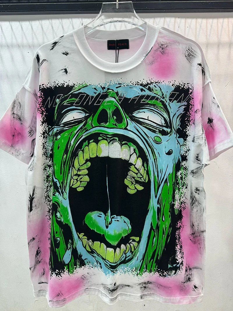 Monster-Schrei-Grafik-T-Shirt für Herren, Strass-Verzierung, Pink Tie-Dye, Oversized Punk Gothic Vintage Streetwear T-Shirt, Washed-Look – Detail 2