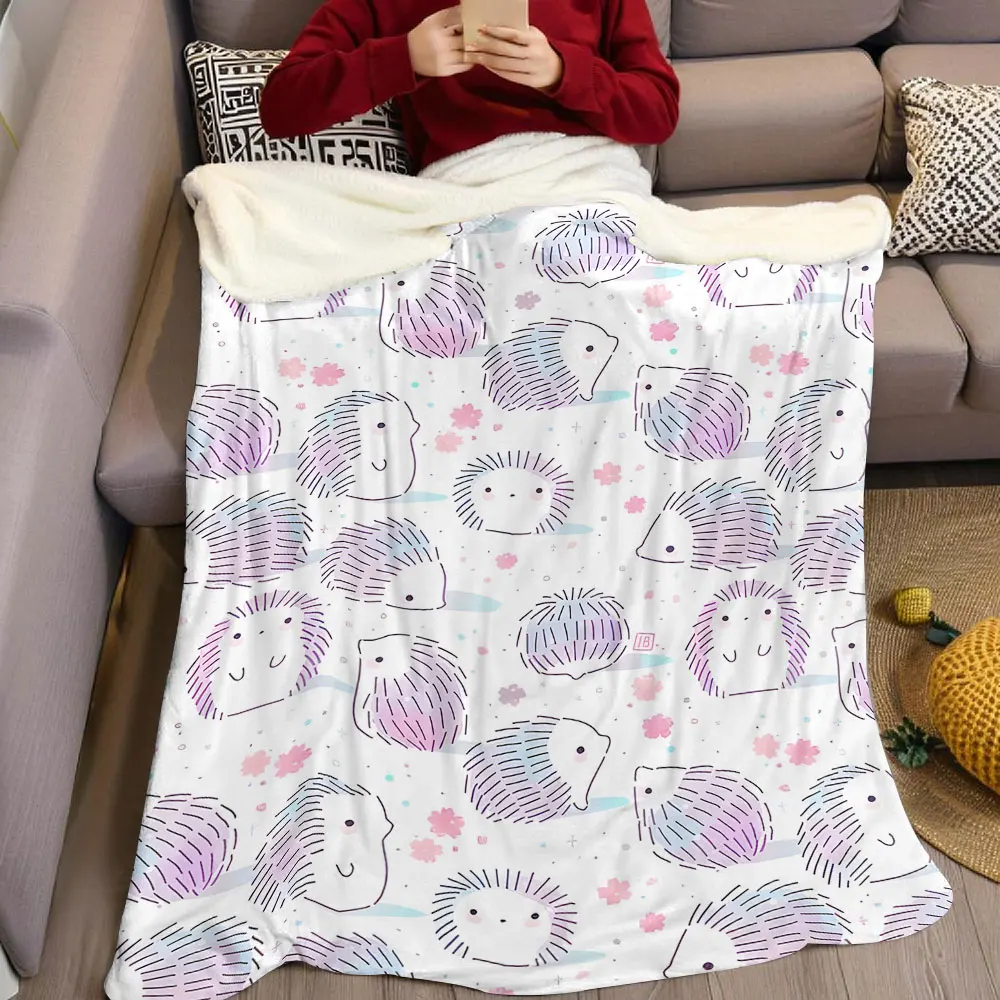 Pastel Hedgehog Print Flannel Blanket Warm Soft Halloween Christmas Decorative Couch Warm Cozy All-Season Gift