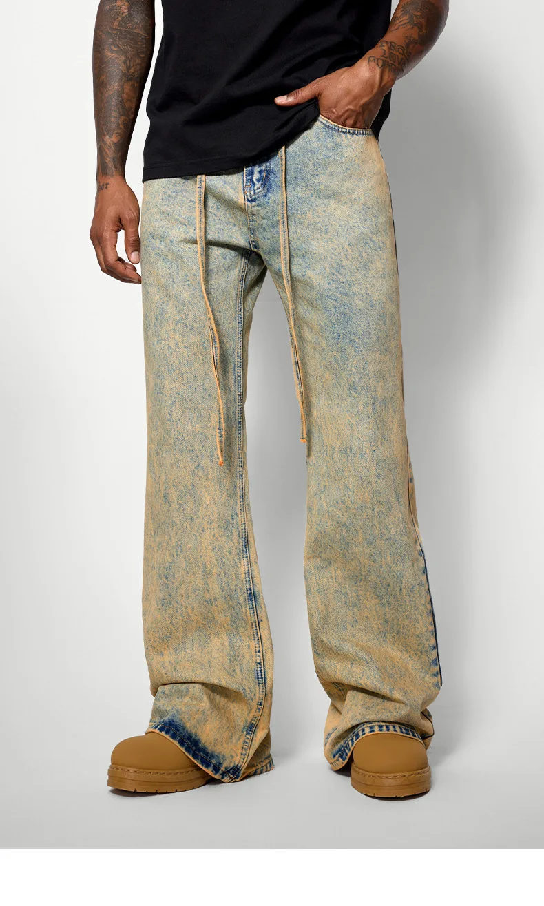 2025 Men's Post-Apocalyptic Washed Jeans-Distressed Vintage Bell Bottom Pants, American Retro Wide Leg Streetwear Denim