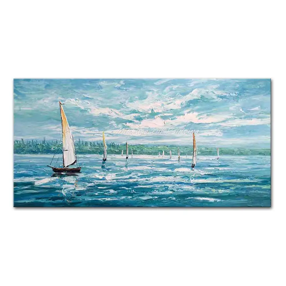 

Mintura Large Size Handmade Artwork Handpainted Oil Paintings on Canvas,The Blue Ocean And Sailboats Modern Hotel Decor Wall Art