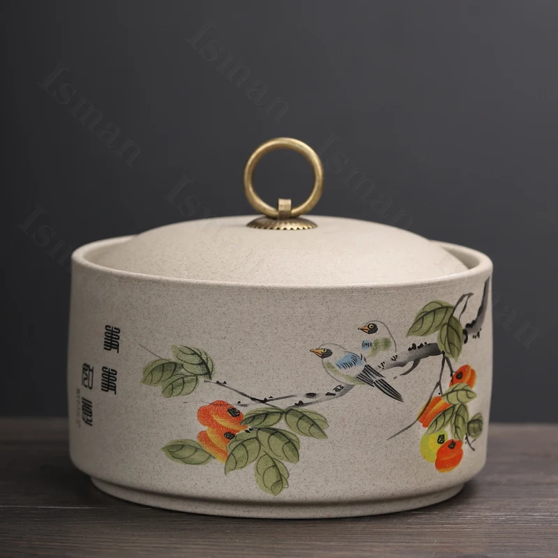 Classical Rough Ceramic Tea Jar with Lid Chinese Style Home Coffee Table Sealed Tea Organizer Tea Tin Living Room Decoration