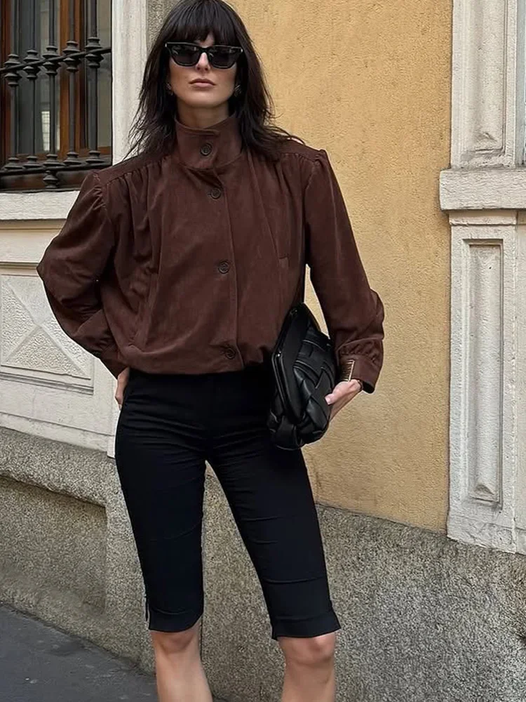 

Однобортная замшевая плиссированная куртка, женская повседневная короткая куртка с длинными рукавами и карманами, весенняя женская осенняя винтажная водолазка