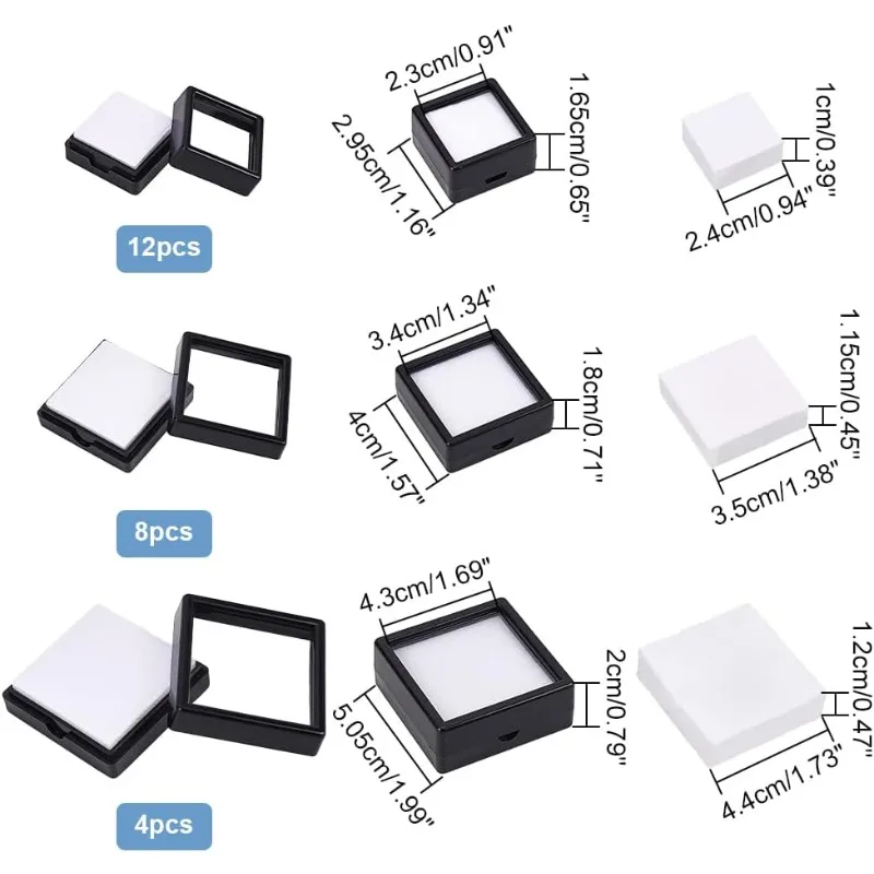 24 Pack 3 Size Black Gemstone Display Box Diamond Show Case Container with Clear Top Lids for Gems Coins Jewelry Packing
