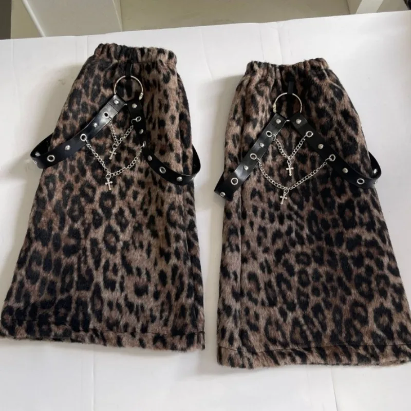 Y2K Punk Leopard Faux Fur Leg Warmers for Women, Alternative Flared Leg Cuffs with Rivet Strap & Cross Chain, Gothic Boot Covers - view 6