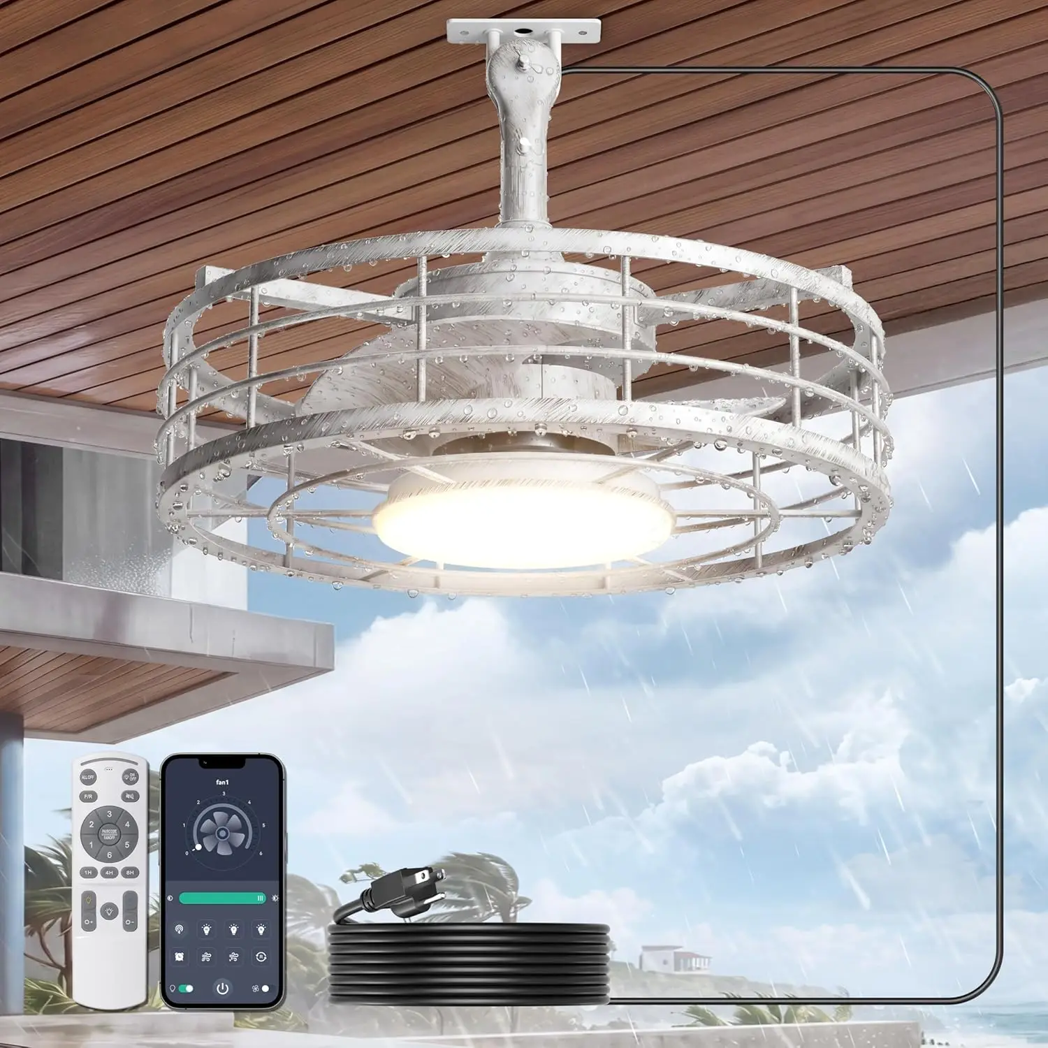 

16-Inch Antique White Distressed Outdoor Ceiling Fan with Lights - Wet Rated Caged Hanging Fan with Remote and APP Control, Plug and Play for Covered Patio Porch