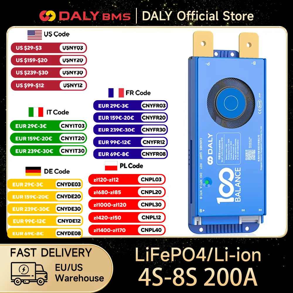 Daly BMS 4S 12V 200A 8S 24V 17S 16S 48V 24S German US Shipping Smart bms wifi bms Active balance BT Lifepo4 Li-ion bms