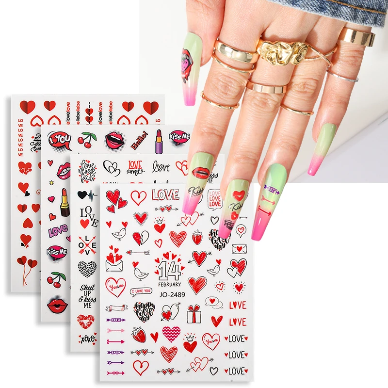 3D Nail Art Stickers Valentine Love Lipstick Cherry Balloon Bird Design DIY 2024 Spring Nail Art Decoration Stickers