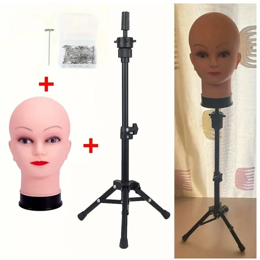 Soporte para pelucas con trípode de 57cm con cabeza de maniquí calvo, Mini soporte para pelucas, trípode con cabeza calva, soporte para pelucas con trípode ajustable, pines en T