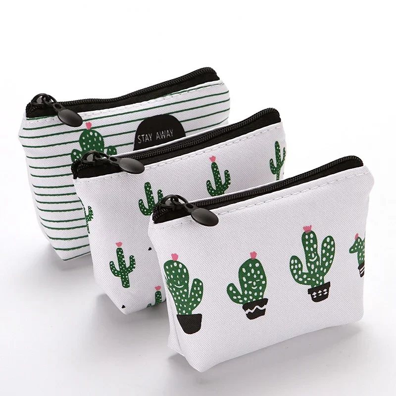 9*8.5cm Zipper Coin Bag for Keys ID Cardit Cards Badge Organizer Bag Canvas Cactus Earphone Data Cable Clutch Bag