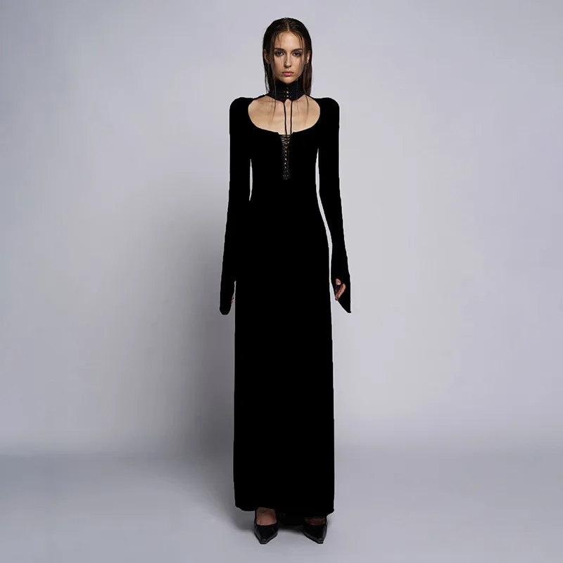 2025 Spring Women's Solid Color Knitted Round Neck Hollow Tie Long Sleeve Tight Lengthened Basic Dress